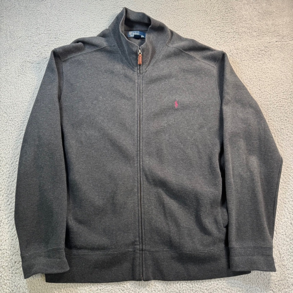 Polo Ralph Lauren Mens XL Charcoal Full Zip Cotton Mock Neck Sweater Pink Pony